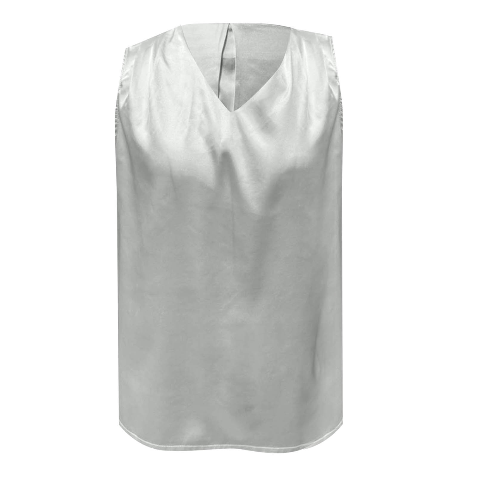 thumbnail image 5 of Top sin mangas de satén con cuello en V para mujer, para el verano, blusa informal transpirable de poliéster de color liso, 5 of 6